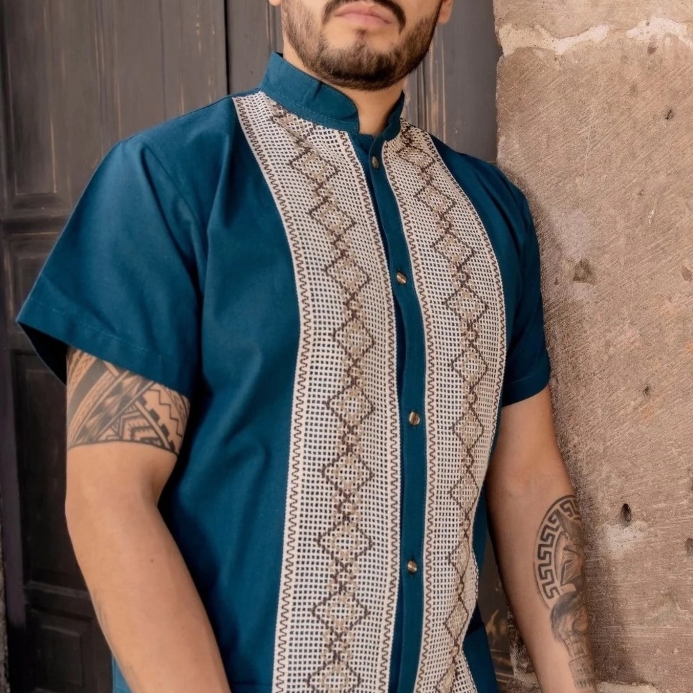 Men's Teal Short Sleeve Shirt with Embroidered Detail